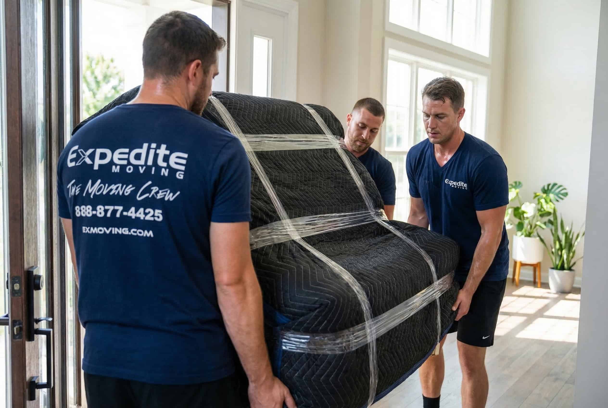 Two Expedite Moving crew members carrying a blanket-wrapped and strapped headboard through the front door of a bright modern home