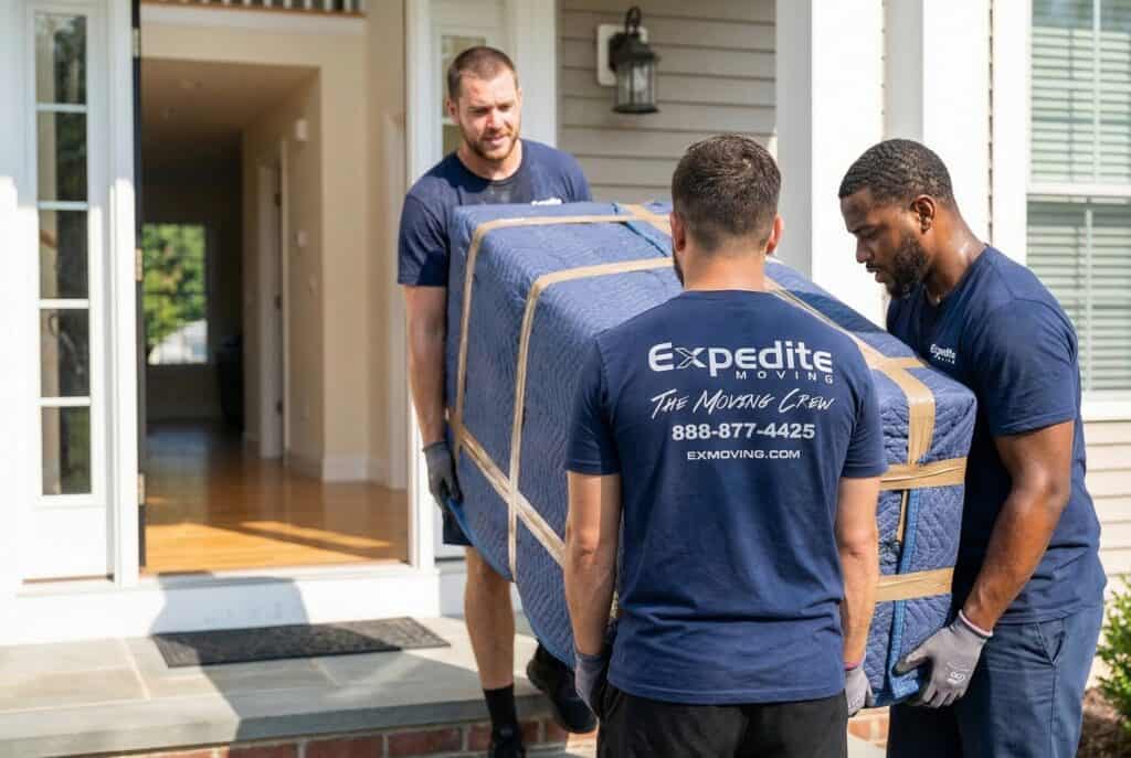 Expedite Moving team carrying large packed boxes into a home, professional moving service.