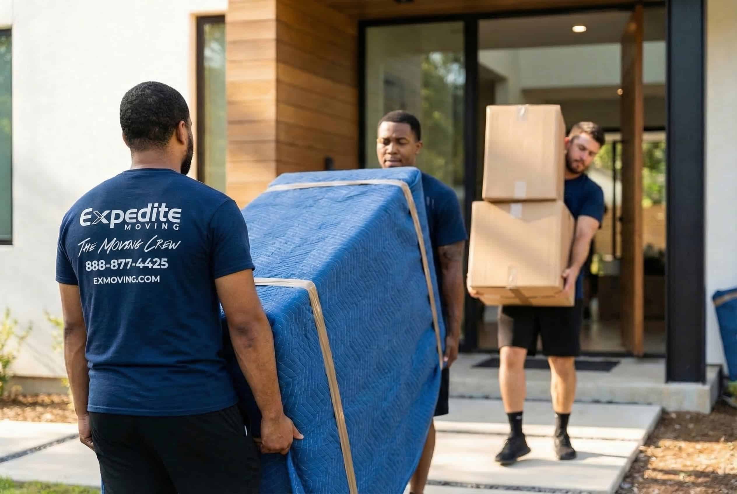 Expedite Moving crew members carrying blanket-wrapped furniture and boxes along the walkway of a modern home in full sun